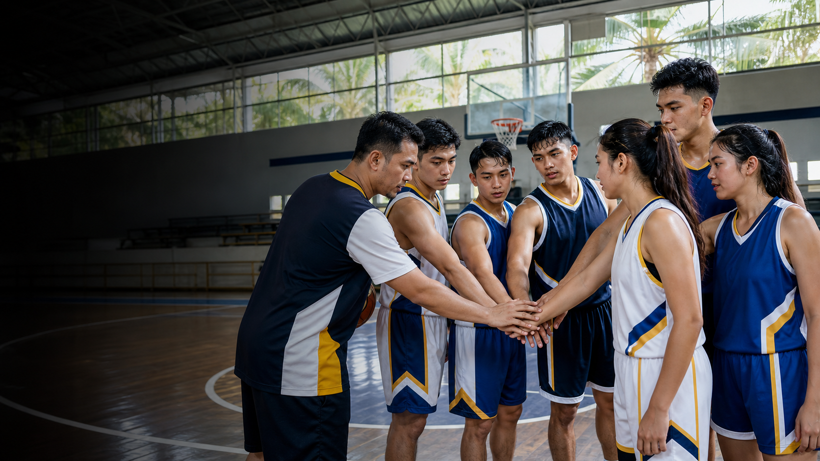 Philippine basketball team preparing together in a community gym